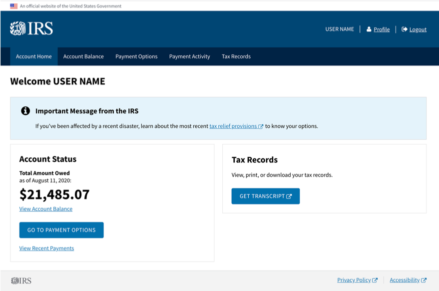 Screenshot of IRS Account that uses the IRS Design System